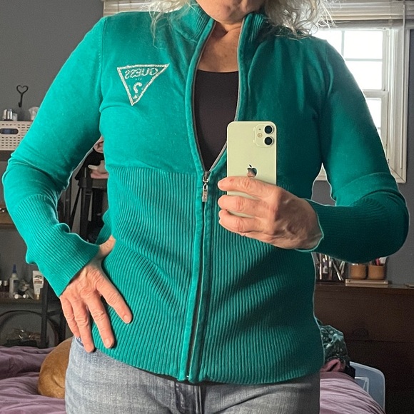 Sweater/Top, GUESS Turquoise Zip-Up GUESS Logo in crystals. 
Dressy lil Sweater - Picture 7 of 15